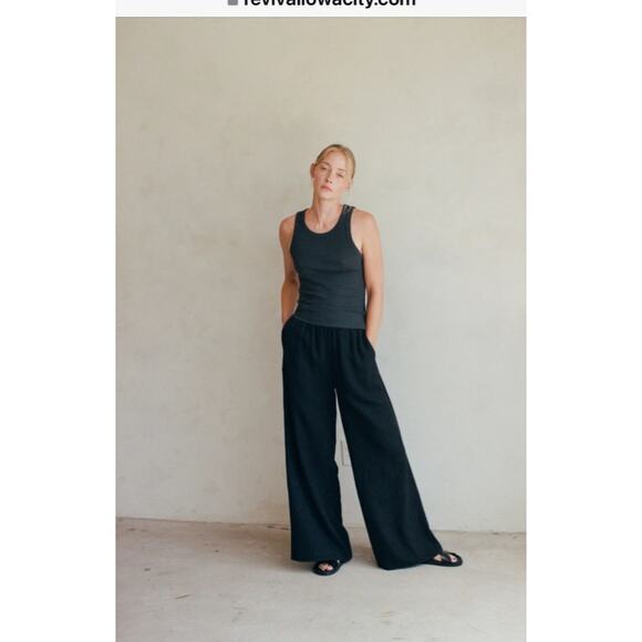 100% LINEN Women's medium Beige WIDE leg pull on pants Luxury “a. REN “ elastic - Picture 7 of 8